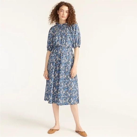 J. Crew Dresses & Skirts - J. Crew Smocked Puff Sleeve Midi Dress XS Liberty Fabric Blue Floral Cottagecore